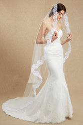 Lace Edge One Tier Tulle Long Wedding Veil with Blusher