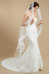 Lace Edge One Tier Tulle Long Wedding Veil with Blusher