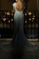 Lace Silk-like Satin Trumpet/Mermaid V-neck Wedding Dress with Sweep Train