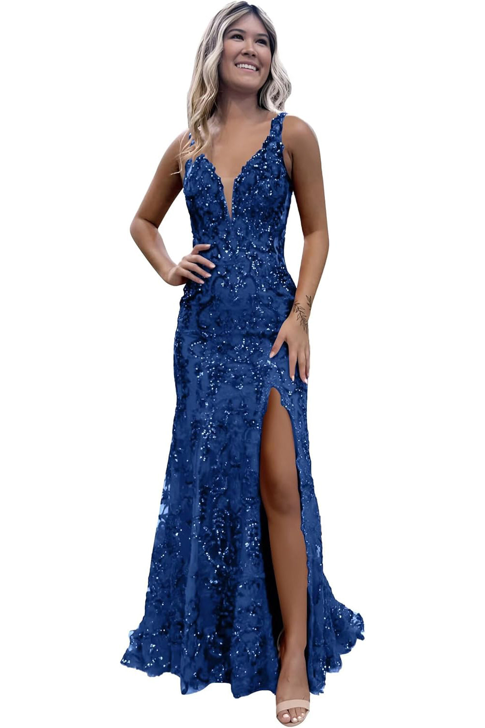 V-neck Backless Sequin Mermaid Long Prom Dress with Slit