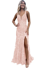 V-neck Backless Sequin Mermaid Long Prom Dress with Slit