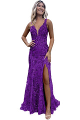 V-neck Backless Sequin Mermaid Long Prom Dress with Slit