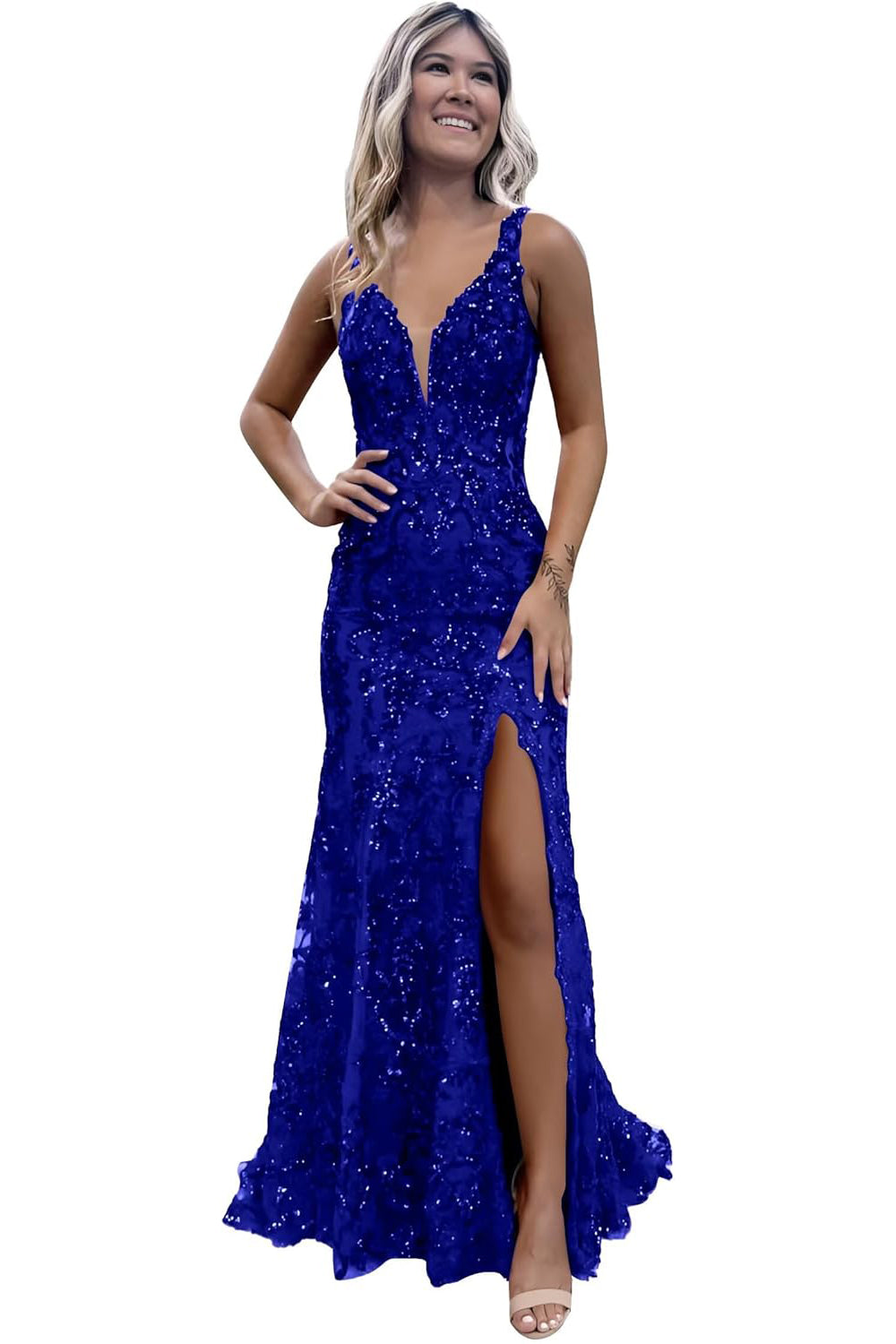 V-neck Backless Sequin Mermaid Long Prom Dress with Slit