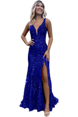 V-neck Backless Sequin Mermaid Long Prom Dress with Slit