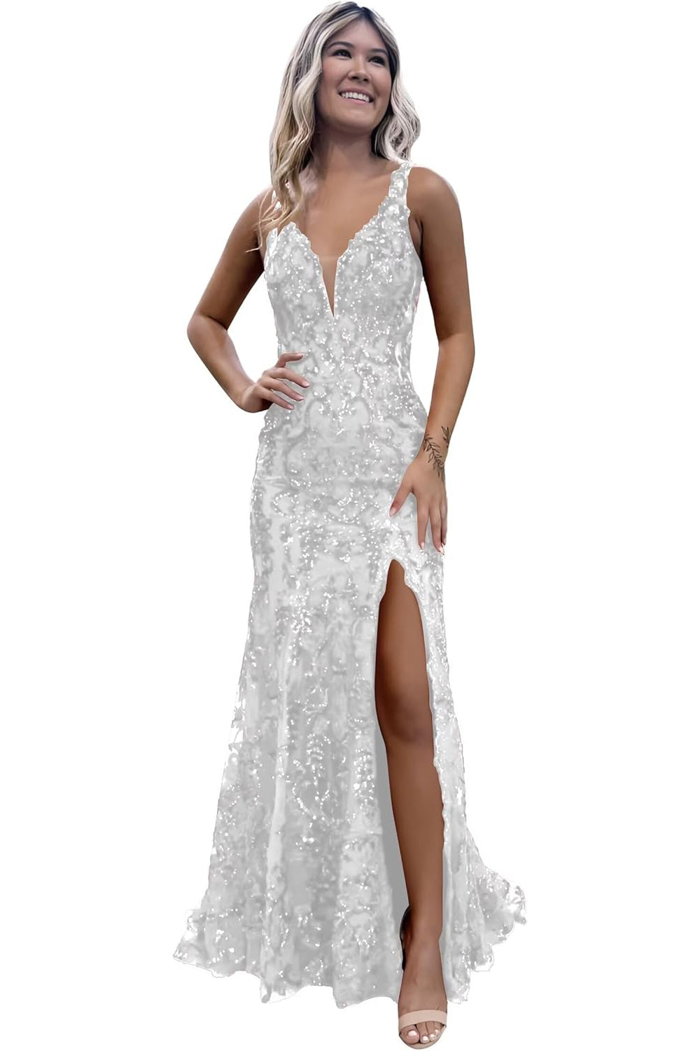 V-neck Backless Sequin Mermaid Long Prom Dress with Slit