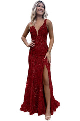 V-neck Backless Sequin Mermaid Long Prom Dress with Slit