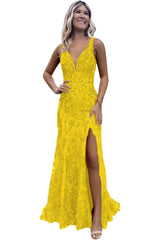 V-neck Backless Sequin Mermaid Long Prom Dress with Slit
