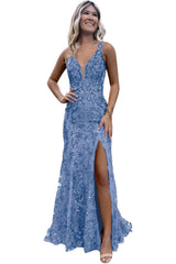 V-neck Backless Sequin Mermaid Long Prom Dress with Slit