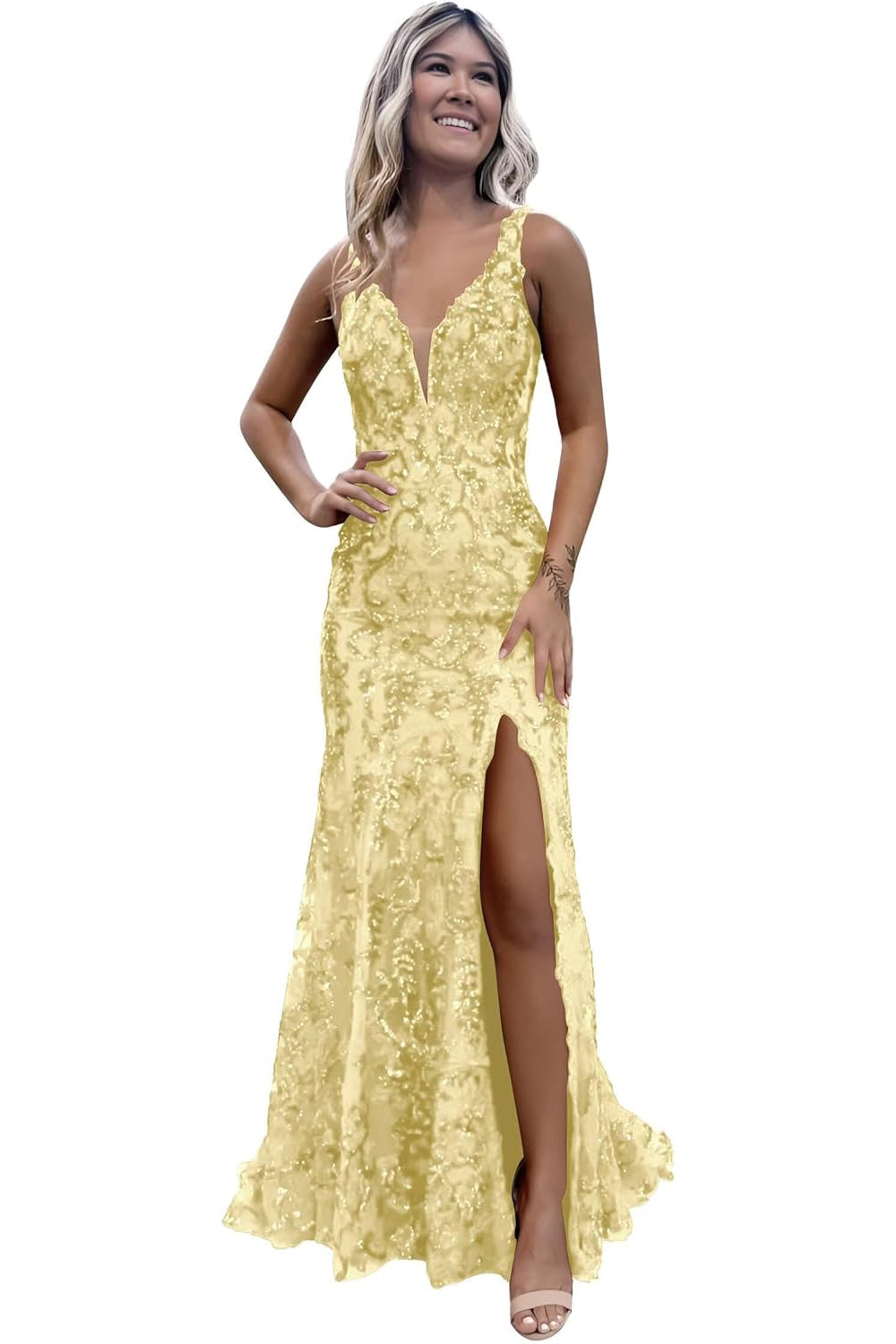 V-neck Backless Sequin Mermaid Long Prom Dress with Slit