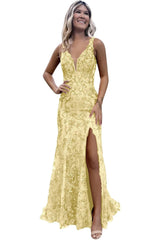 V-neck Backless Sequin Mermaid Long Prom Dress with Slit