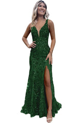 V-neck Backless Sequin Mermaid Long Prom Dress with Slit