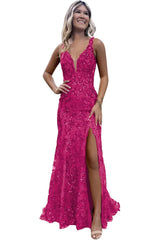 V-neck Backless Sequin Mermaid Long Prom Dress with Slit