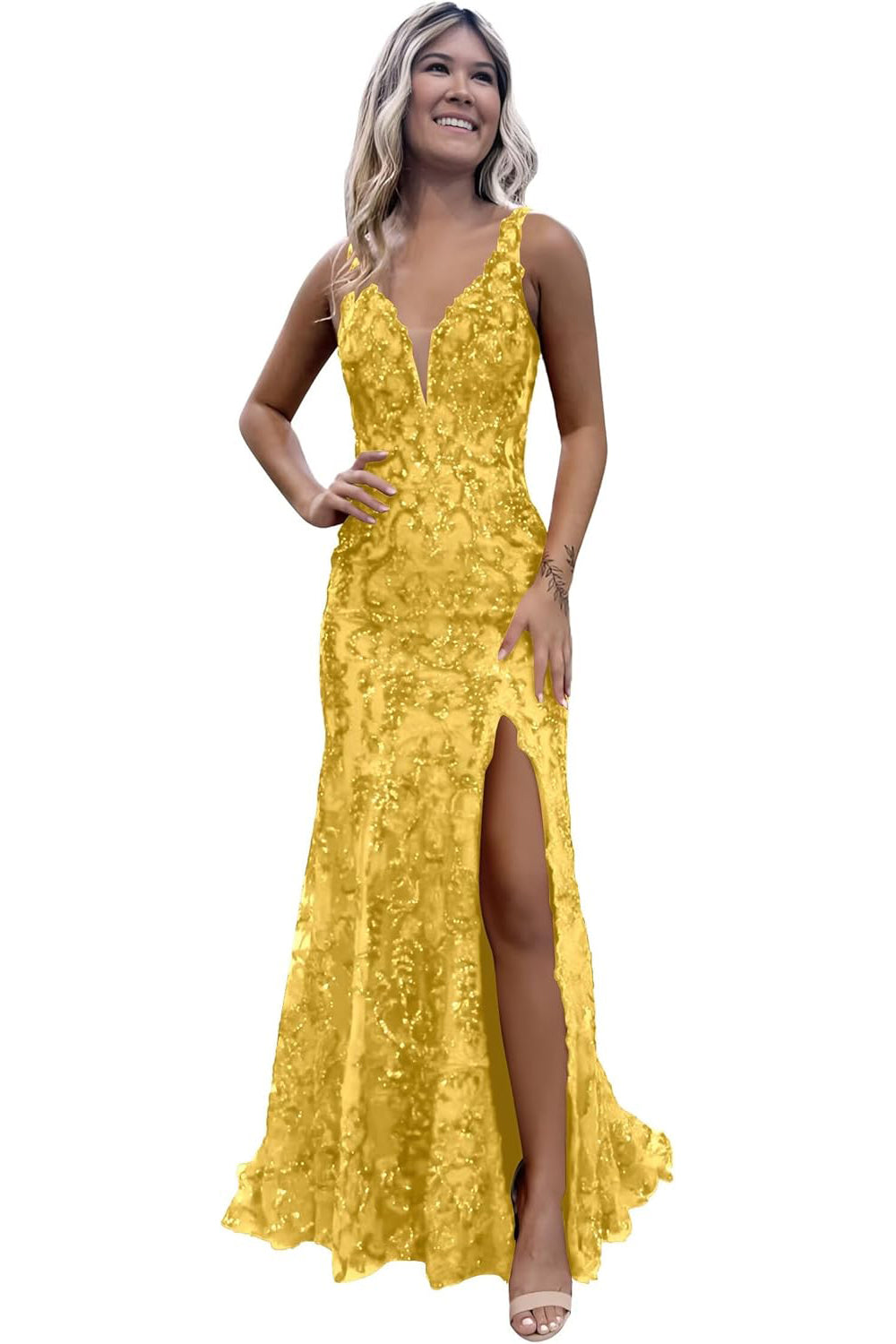 V-neck Backless Sequin Mermaid Long Prom Dress with Slit