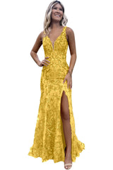 V-neck Backless Sequin Mermaid Long Prom Dress with Slit