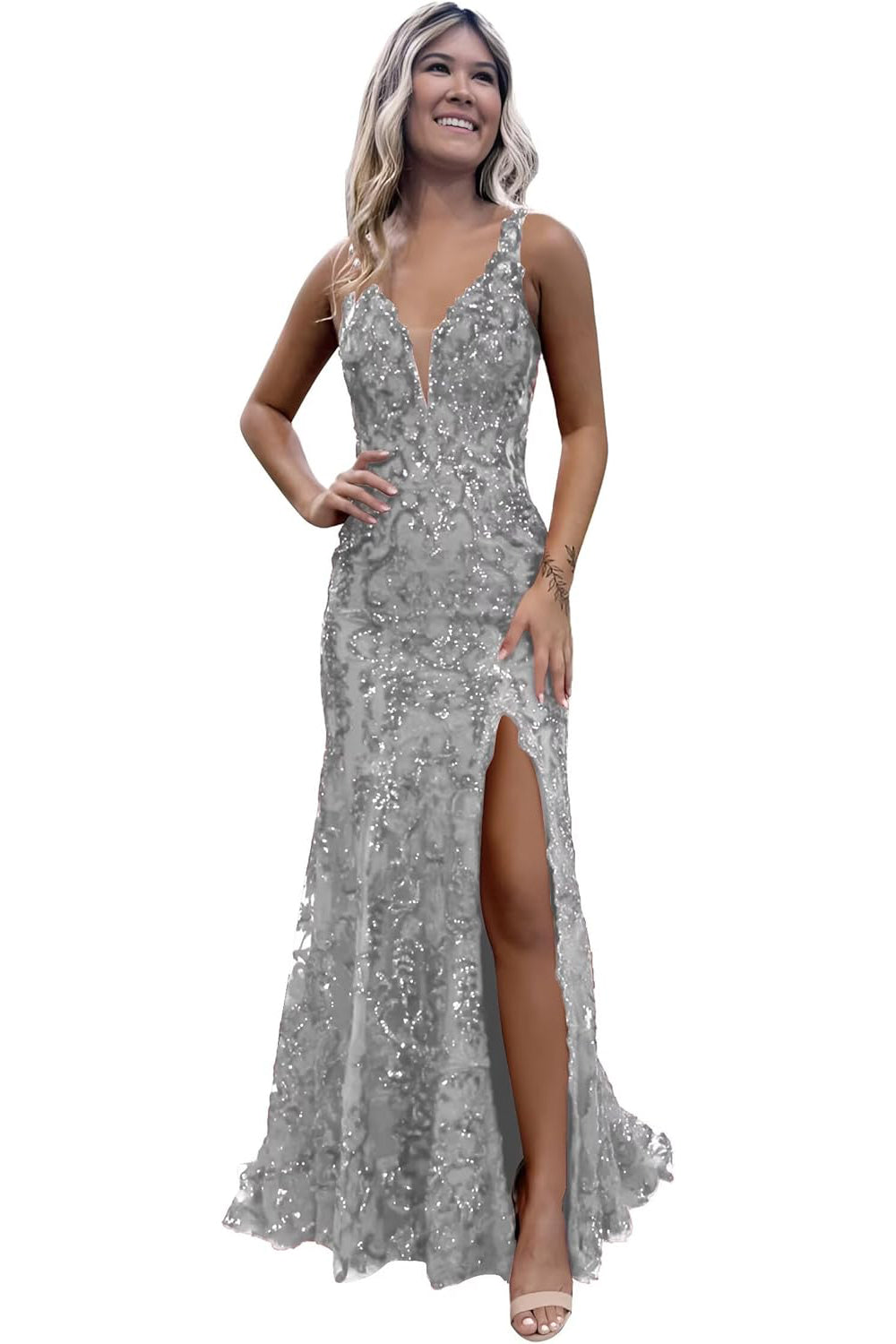 V-neck Backless Sequin Mermaid Long Prom Dress with Slit