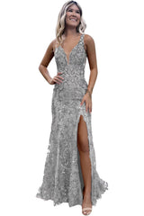 V-neck Backless Sequin Mermaid Long Prom Dress with Slit