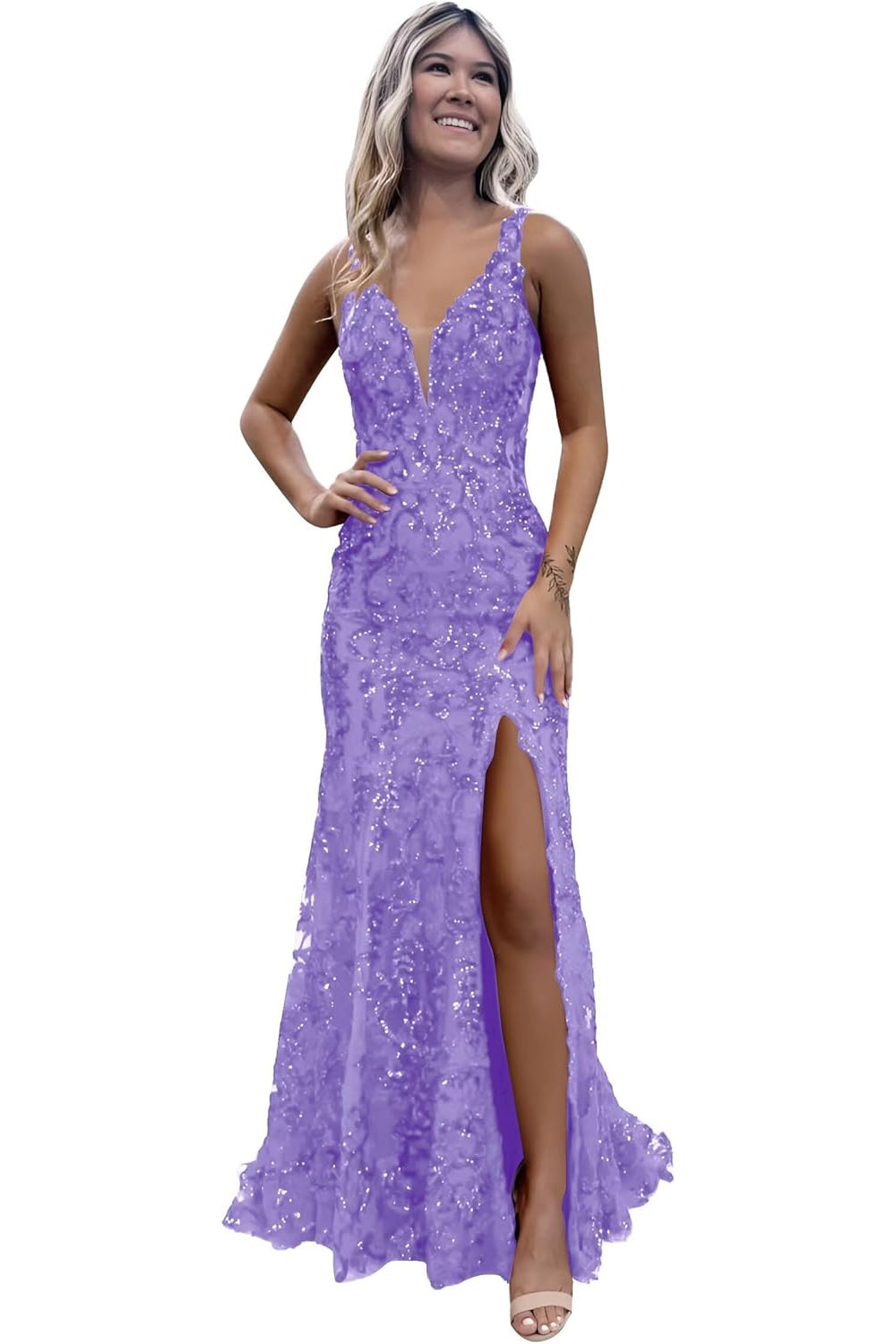V-neck Backless Sequin Mermaid Long Prom Dress with Slit