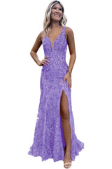 V-neck Backless Sequin Mermaid Long Prom Dress with Slit