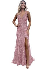 V-neck Backless Sequin Mermaid Long Prom Dress with Slit