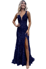 V-neck Backless Sequin Mermaid Long Prom Dress with Slit