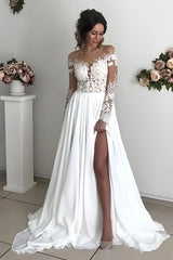 Long A-Line Long Sleeve Wedding Dress with Chiffon Lace and Slit