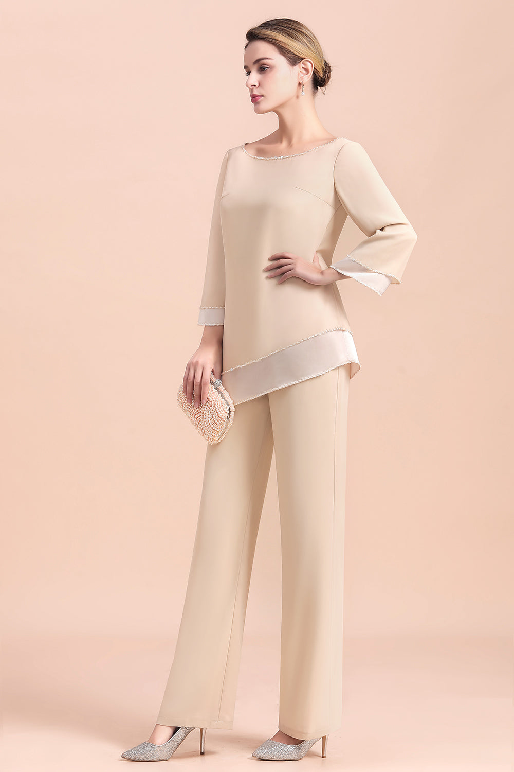 Long Sleeve Champagne Chiffon Mother Of The Bride Jumpsuit Babyonlines
