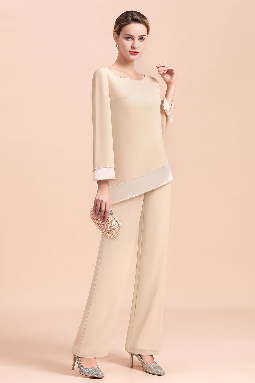 Long Sleeve Champagne Chiffon Mother Of The Bride Jumpsuit Babyonlines
