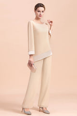 Long Sleeve Champagne Chiffon Mother Of The Bride Jumpsuit Babyonlines