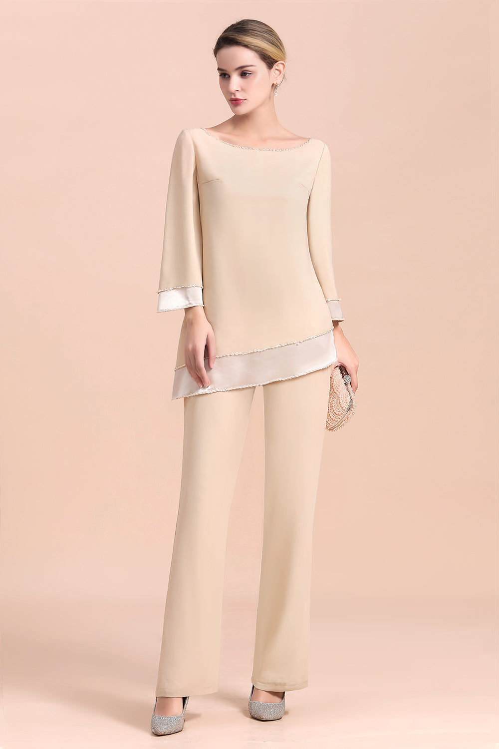 Long Sleeve Champagne Chiffon Mother Of The Bride Jumpsuit Babyonlines