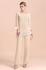 Long Sleeve Champagne Chiffon Mother Of The Bride Jumpsuit Babyonlines