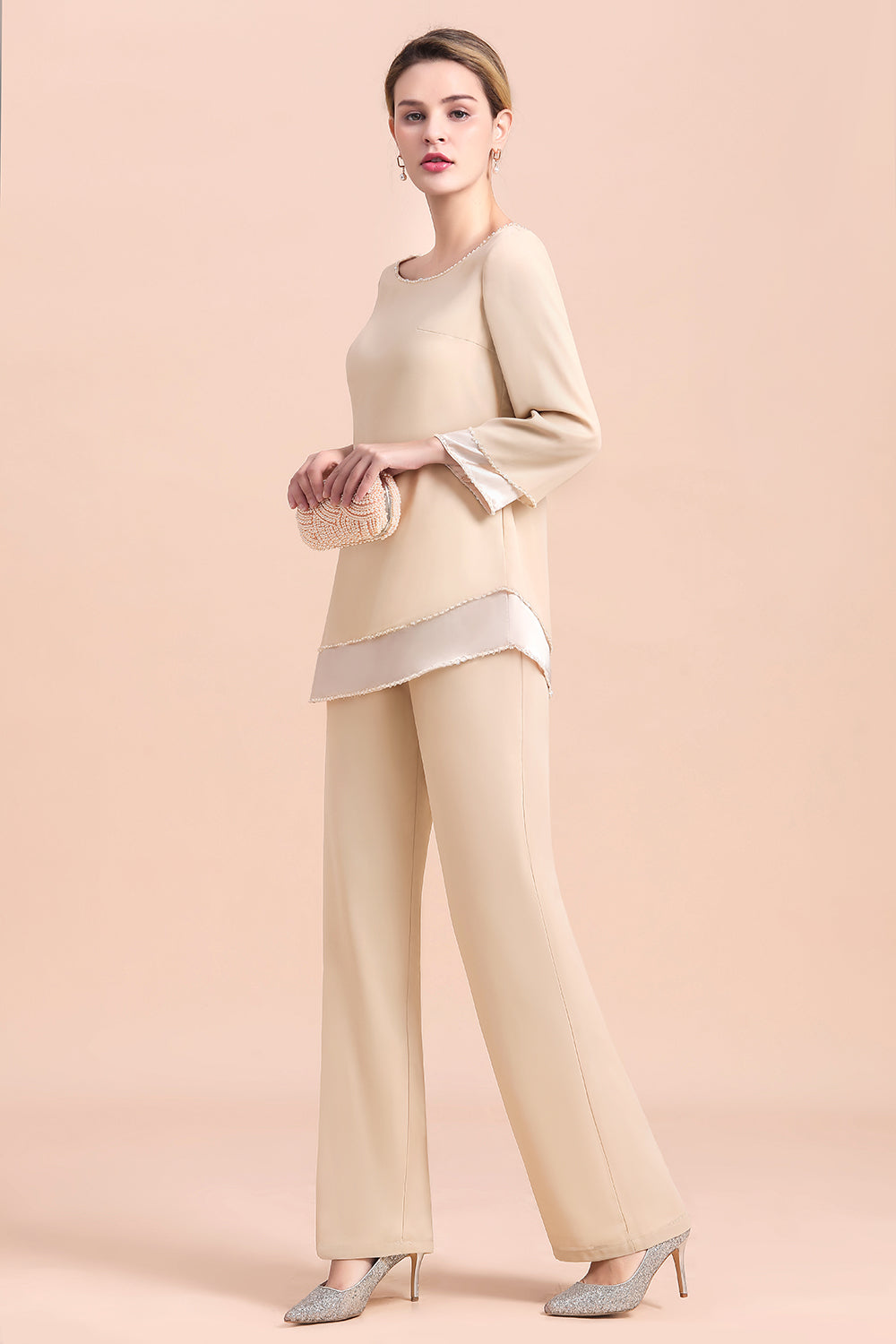 Long Sleeve Champagne Chiffon Mother Of The Bride Jumpsuit Babyonlines