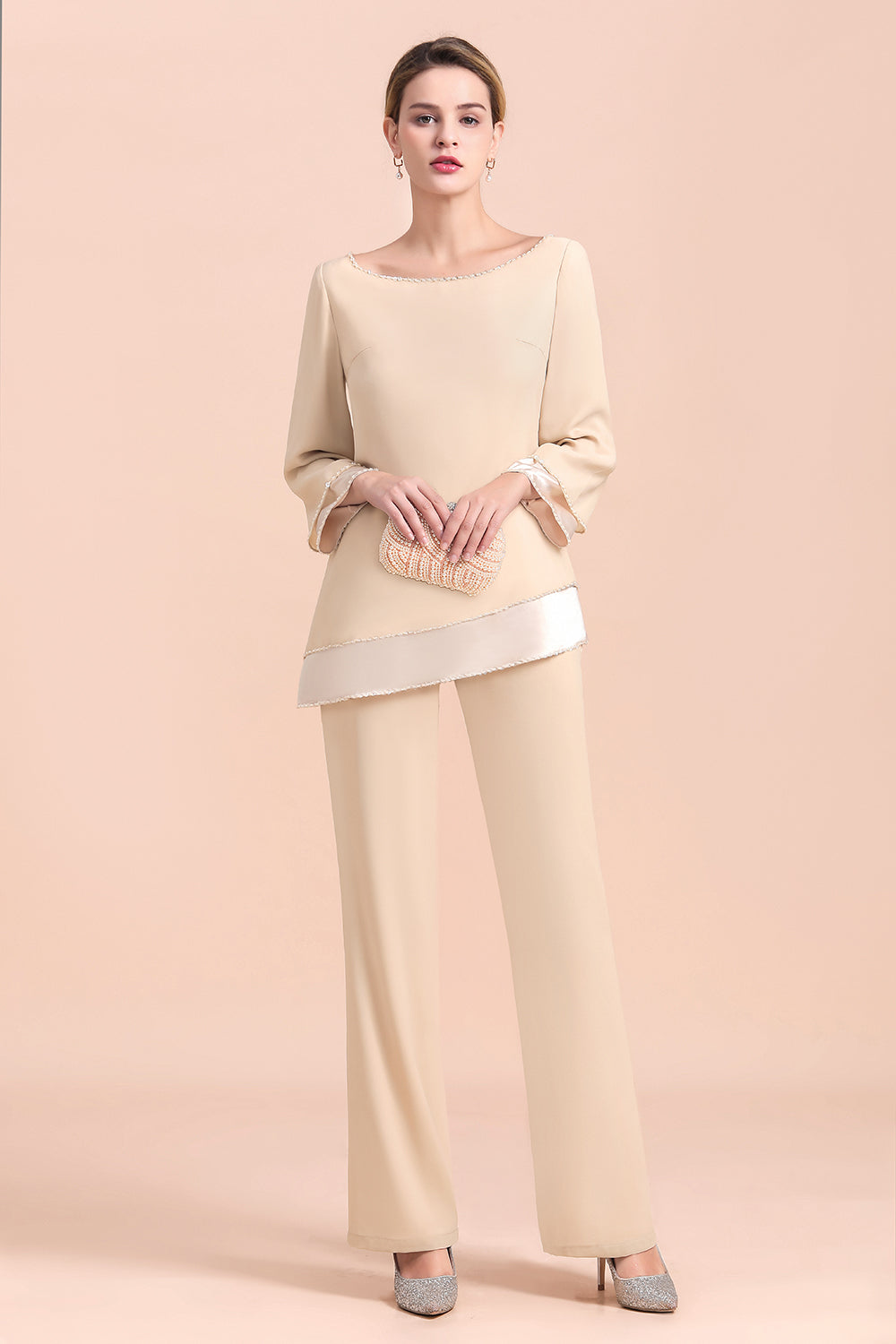 Long Sleeve Champagne Chiffon Mother Of The Bride Jumpsuit Babyonlines