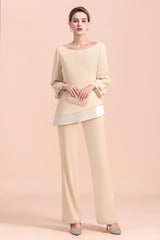 Long Sleeve Champagne Chiffon Mother Of The Bride Jumpsuit Babyonlines