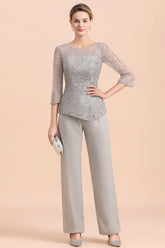 Long Sleeve Silver Crew Neck Mother Of The Bride Jumpsuit Babyonlines