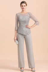 Long Sleeve Silver Crew Neck Mother Of The Bride Jumpsuit Babyonlines