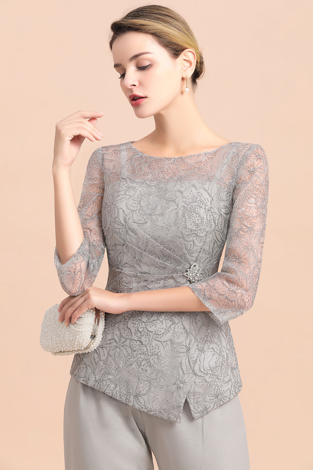 Long Sleeve Silver Crew Neck Mother Of The Bride Jumpsuit Babyonlines