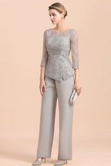 Long Sleeve Silver Crew Neck Mother Of The Bride Jumpsuit Babyonlines