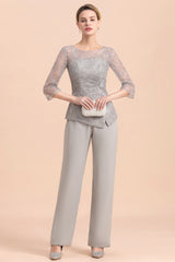 Long Sleeve Silver Crew Neck Mother Of The Bride Jumpsuit Babyonlines