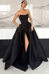 Strapless Long A-line Split Front Satin Black Wedding Dress with Pockets