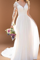 Long Sleeve V-neck Lace Up Back Chiffon Lace Wedding Dress