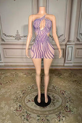 Mini One-Shoulder Purple Zipper Diamond Prom Dress -babyonlines