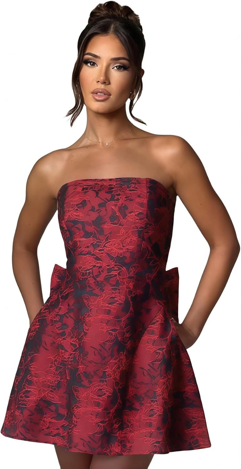 Modest Strapless Satin  A Line Short Homecoming Dress with Bow