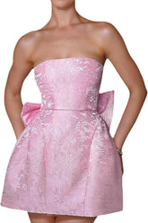 Modest Strapless Satin  A Line Short Homecoming Dress with Bow