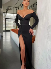 Off-The-Shoulder Sweetheart Mermaid Long Sleeves Evening Dress with Front Split