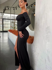Off-The-Shoulder Sweetheart Mermaid Long Sleeves Evening Dress with Front Split
