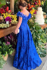 Off The Shoulder Blue Lace Long A-line Mother Of The Bride Dress Babyonlines