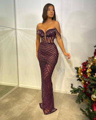 Off The Shoulder Sequins Red Sleeveless Prom Dress with Strapless Long Tassel