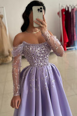 Chic Purple Off The Shoulder Long Sleeve A-Line Prom Dress Rhinestones and Beads