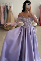 Chic Purple Off The Shoulder Long Sleeve A-Line Prom Dress Rhinestones and Beads