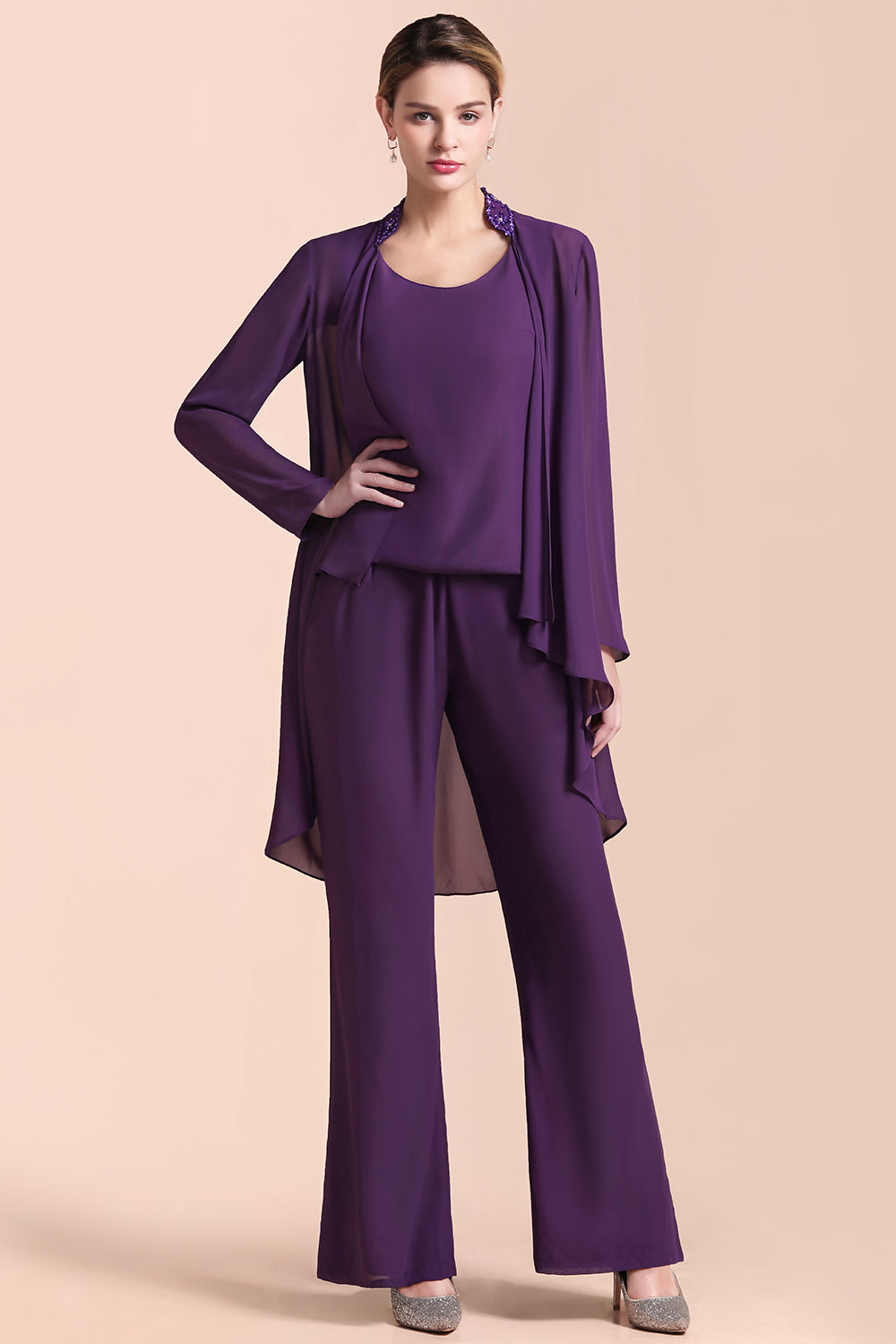 Purple Chiffon Mother Of The Bride Jumpsuit with Jacket Babyonlines
